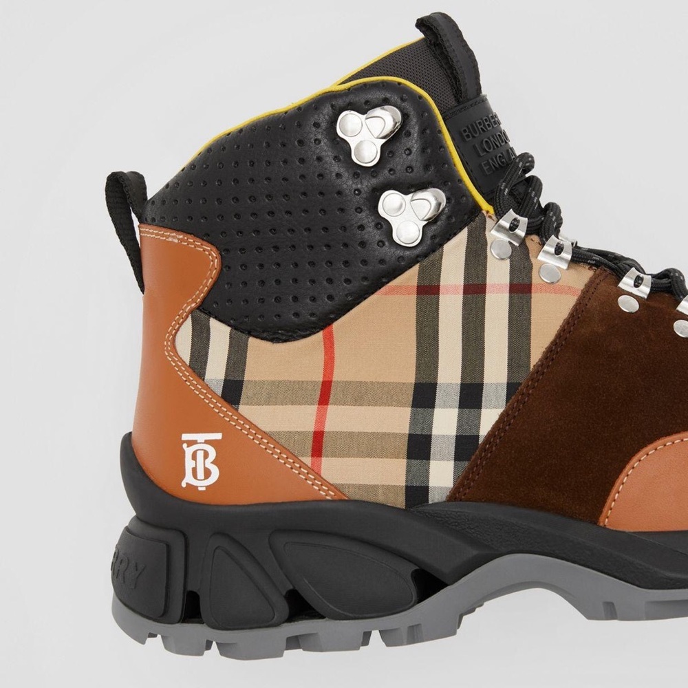 Burberry Brown Leather, Vintage Check Cotton And Suede Tor Boots - Picture 2 of 10